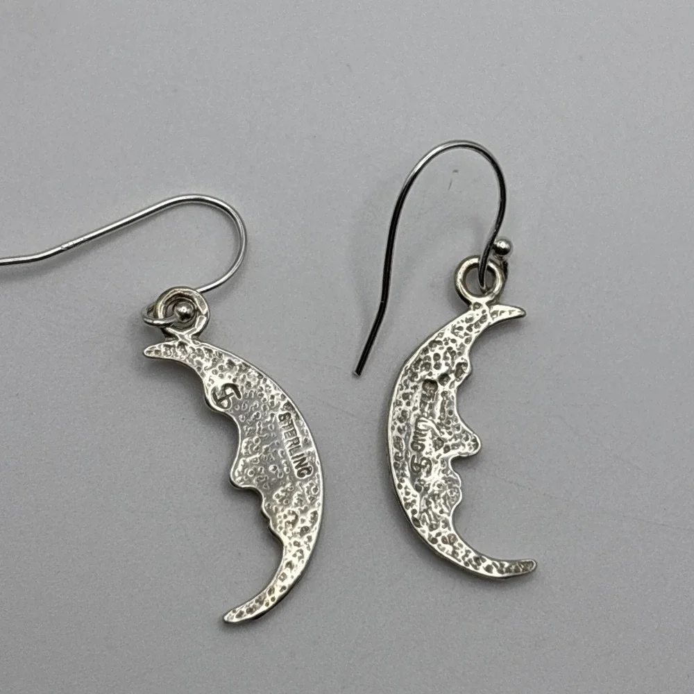 Vtg 925 Sterling Silver Crescent Moon Face Pierced Dangle Drop Earrings 1